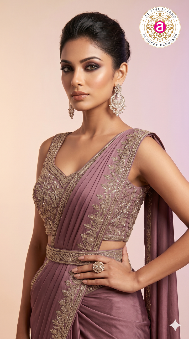 Mauve Purple Ready-to-Wear Saree with Embroidered Border & Designer Blouse