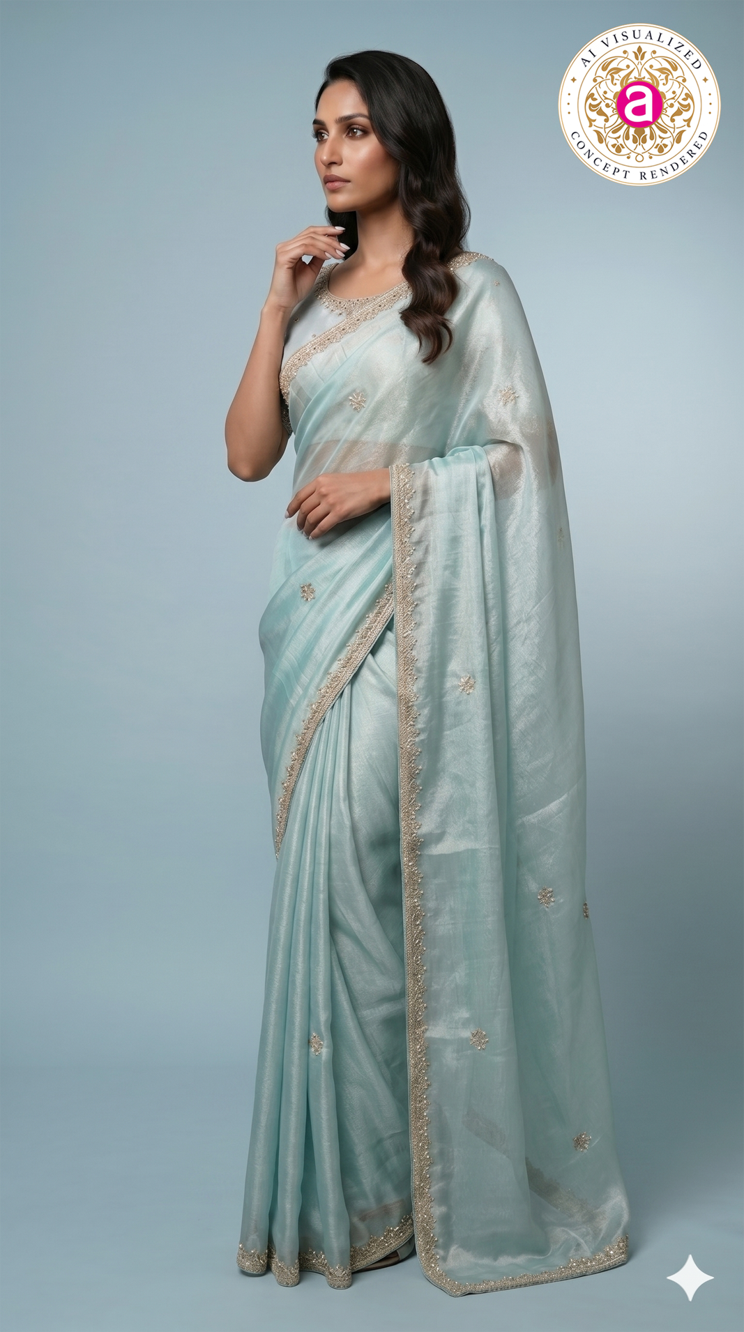 Sky Blue Hand-Embellished Designer Saree with Mirror Work Blouse