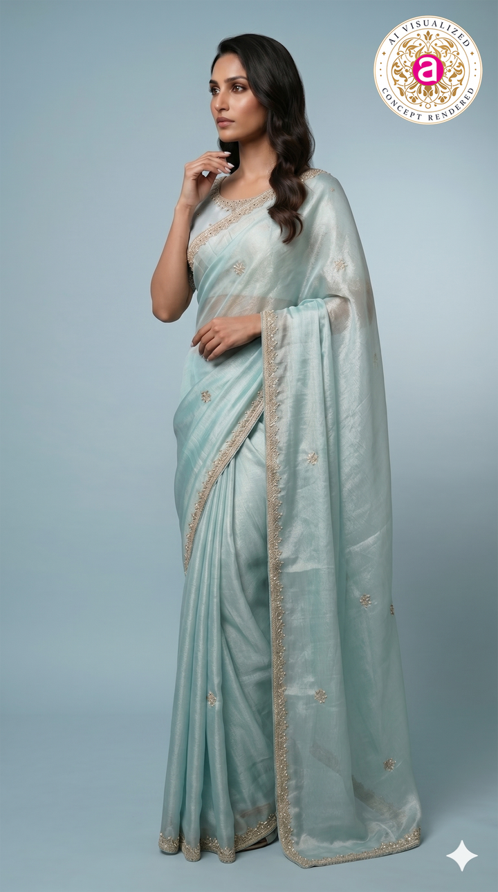 Sky Blue Hand-Embellished Designer Saree with Mirror Work Blouse