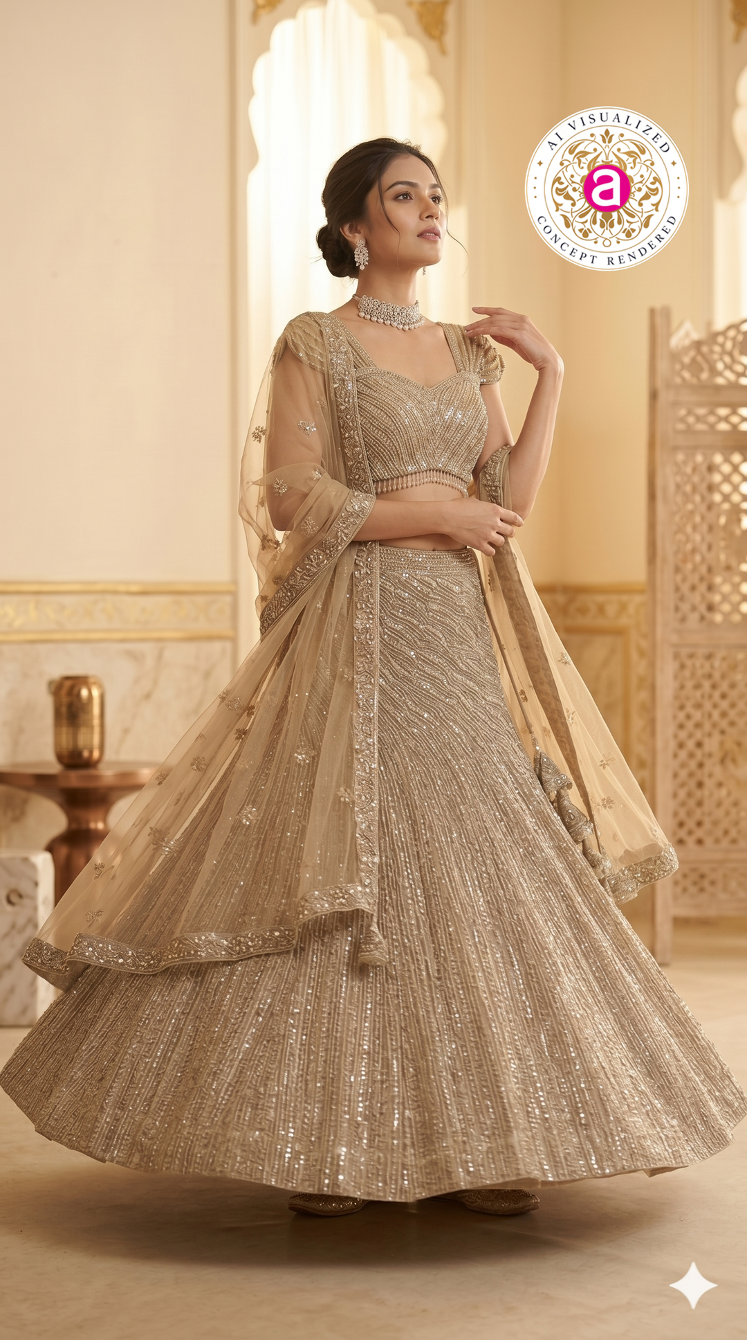 Champagne Gold Designer Lehenga Set with Embellished Blouse and Net Dupatta