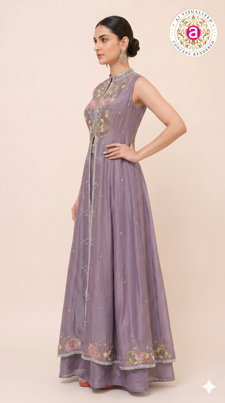 Lavender Embroidered Skirt Set with Jacket Style Anarkali