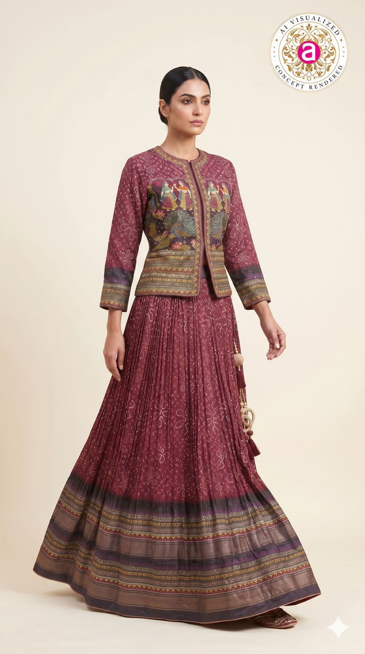 Wine Printed Designer Lehenga Set with Jacket