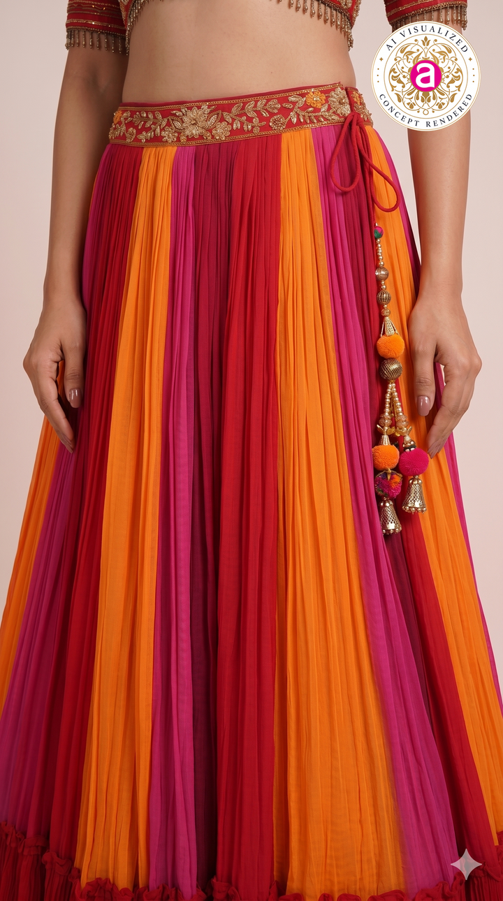 Multicolor Pleated Lehenga Set with Embroidered Blouse