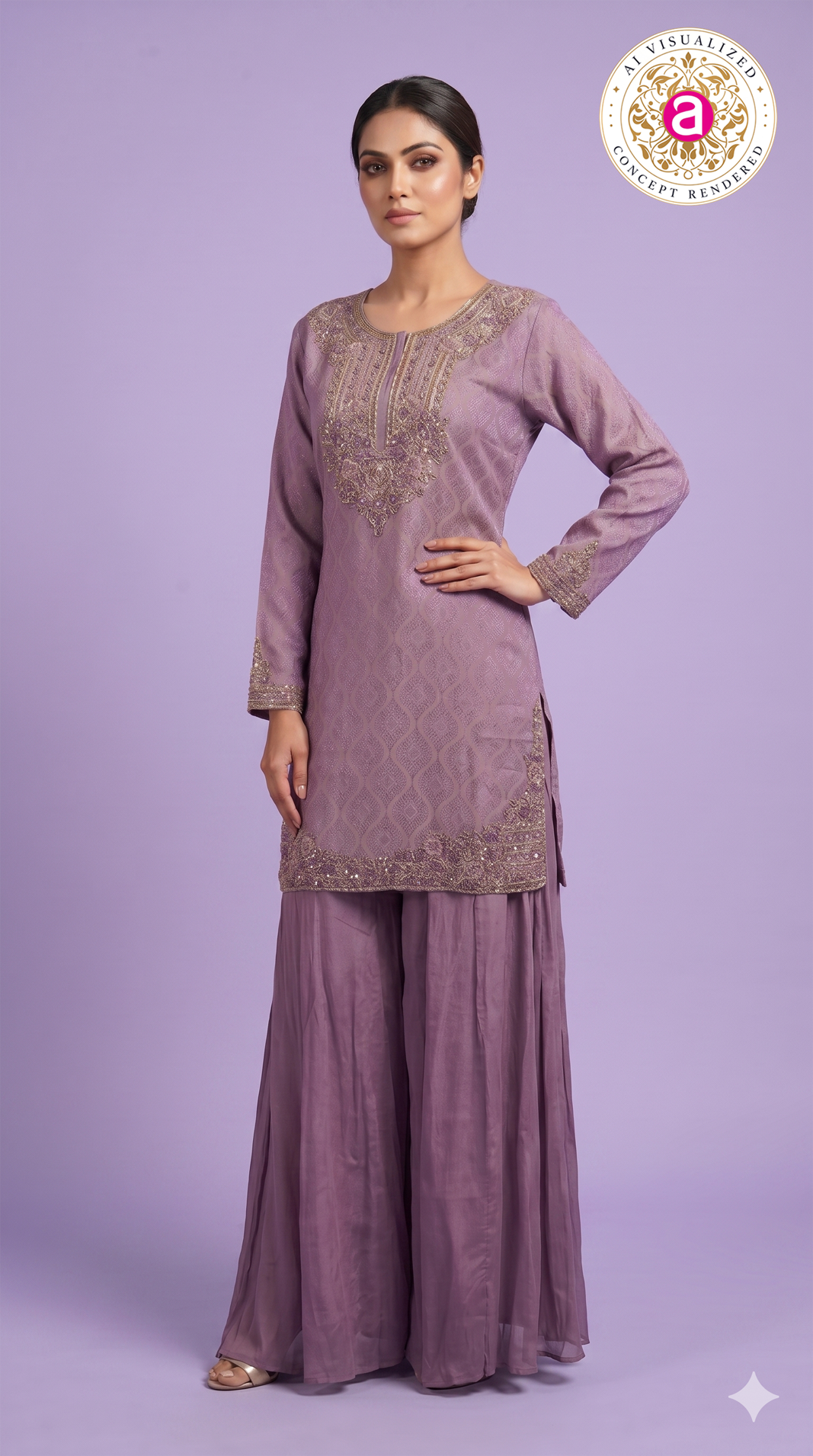 Lavender Designer Kurta Sharara Set with Embroidered Detailing