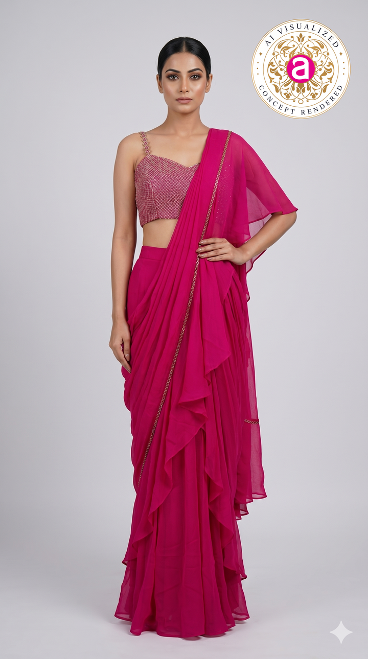 Hot Pink Ruffle Drape Designer Saree with Embellished Blouse