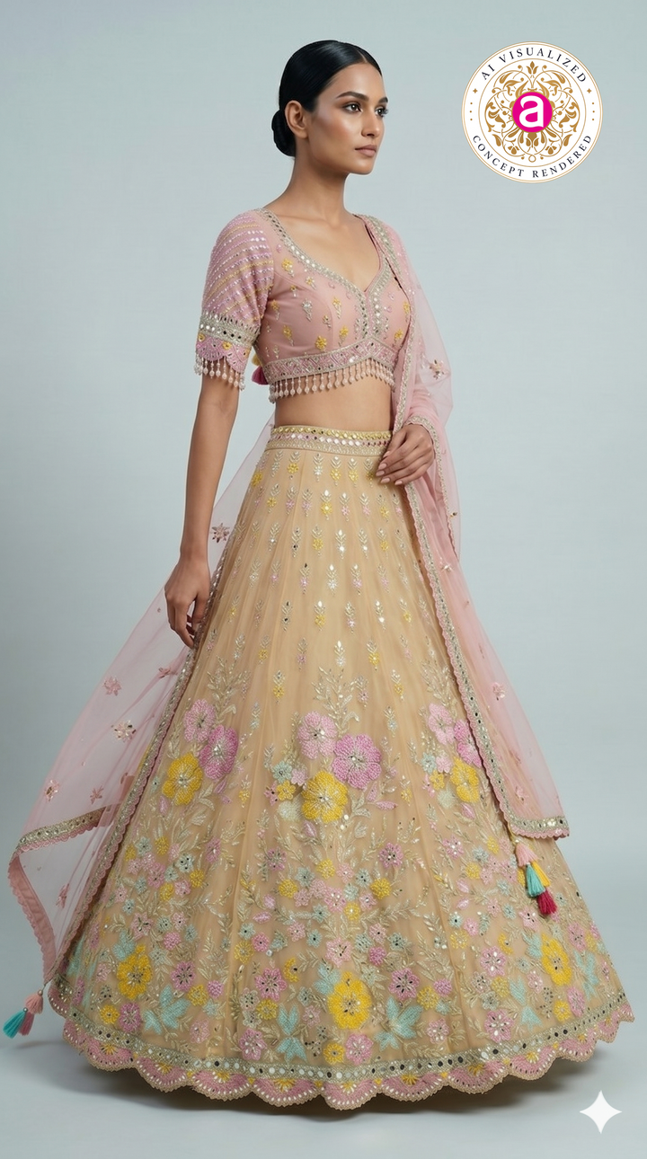 Pastel Beige Floral Embroidered Lehenga Choli with Pink Designer Blouse & Sheer Dupatta