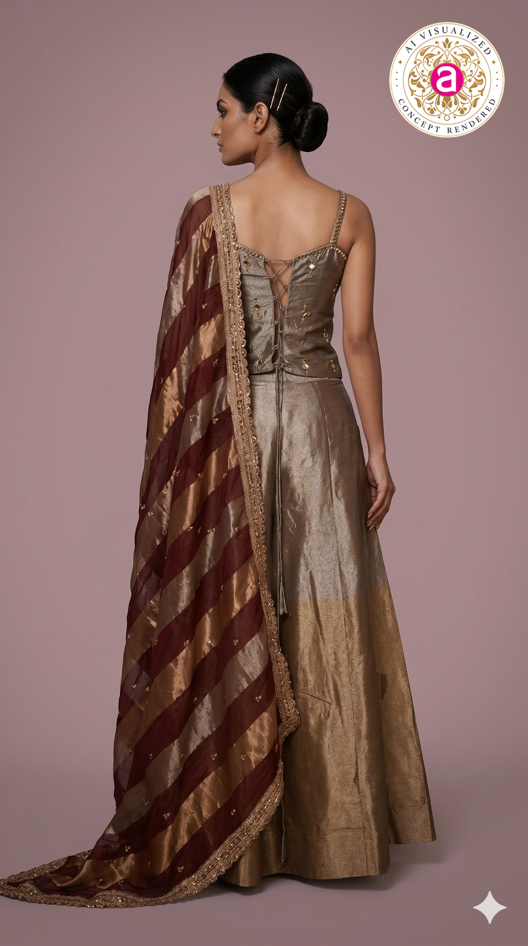 Champagne Gold Embellished Corset Top with Silk Palazzo & Striped Organza Dupatta