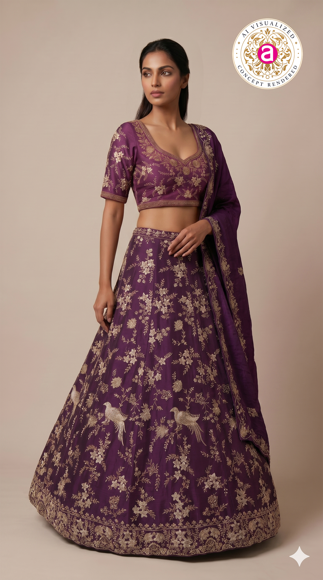 Royal Purple Embroidered Designer Lehenga Set with Floral & Bird Zari Work