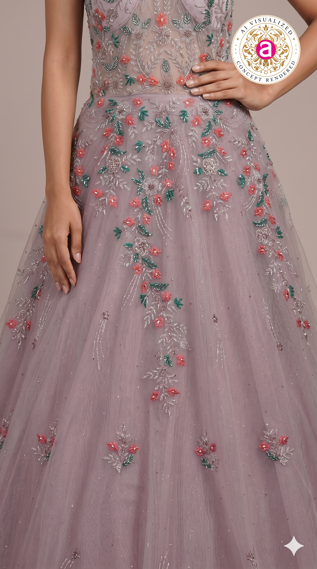 Dusty Lavender Floral Embroidered Ball Gown with Crystal Embellishments