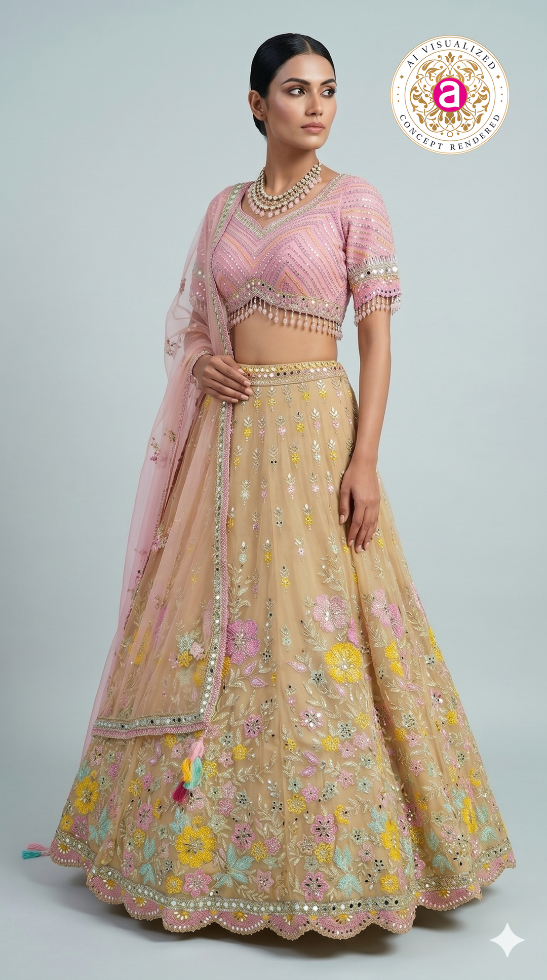 Pastel Beige Floral Embroidered Lehenga Choli with Pink Designer Blouse & Sheer Dupatta