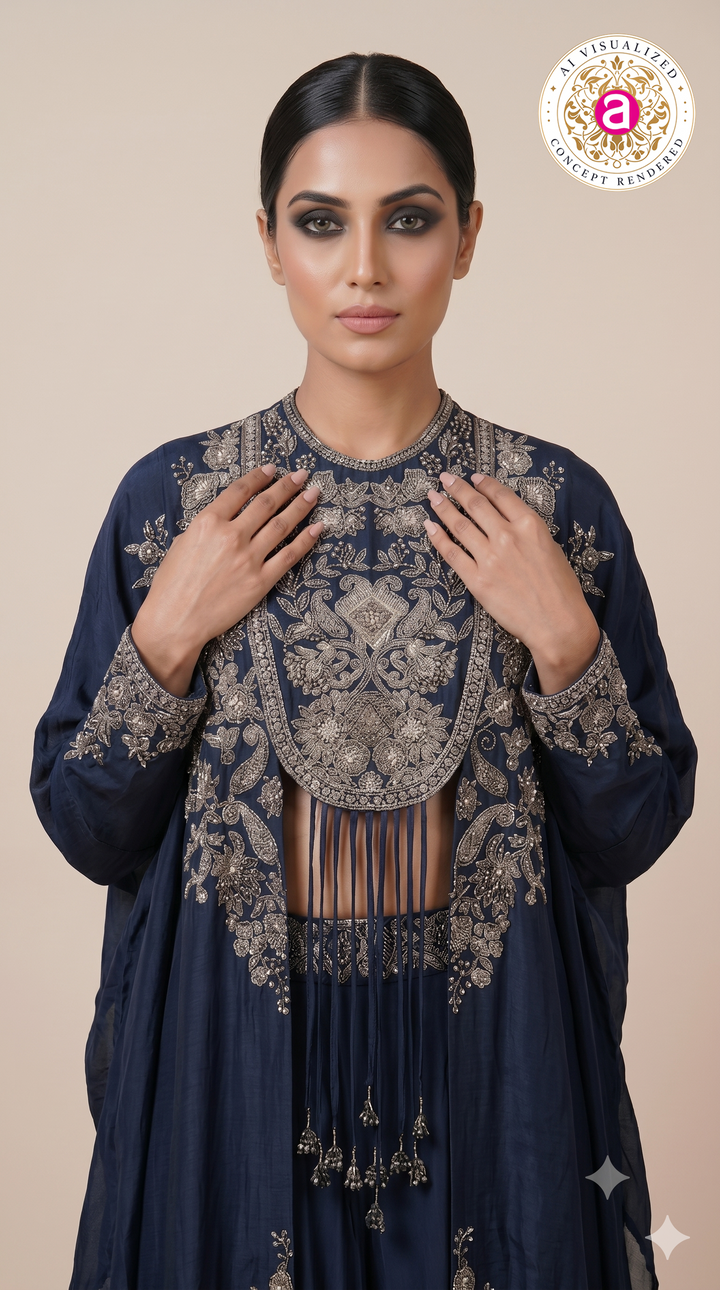 Midnight Blue Embroidered Cape Style Designer Ensemble