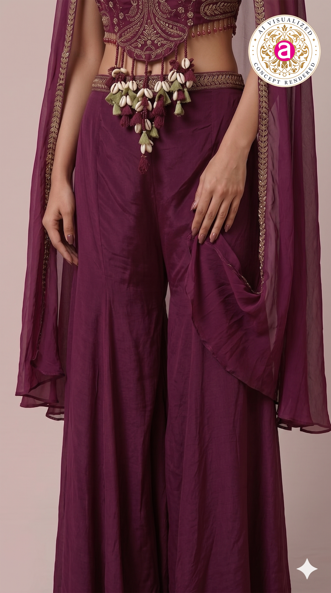 Wine Purple Embroidered Cape Co-Ord Set