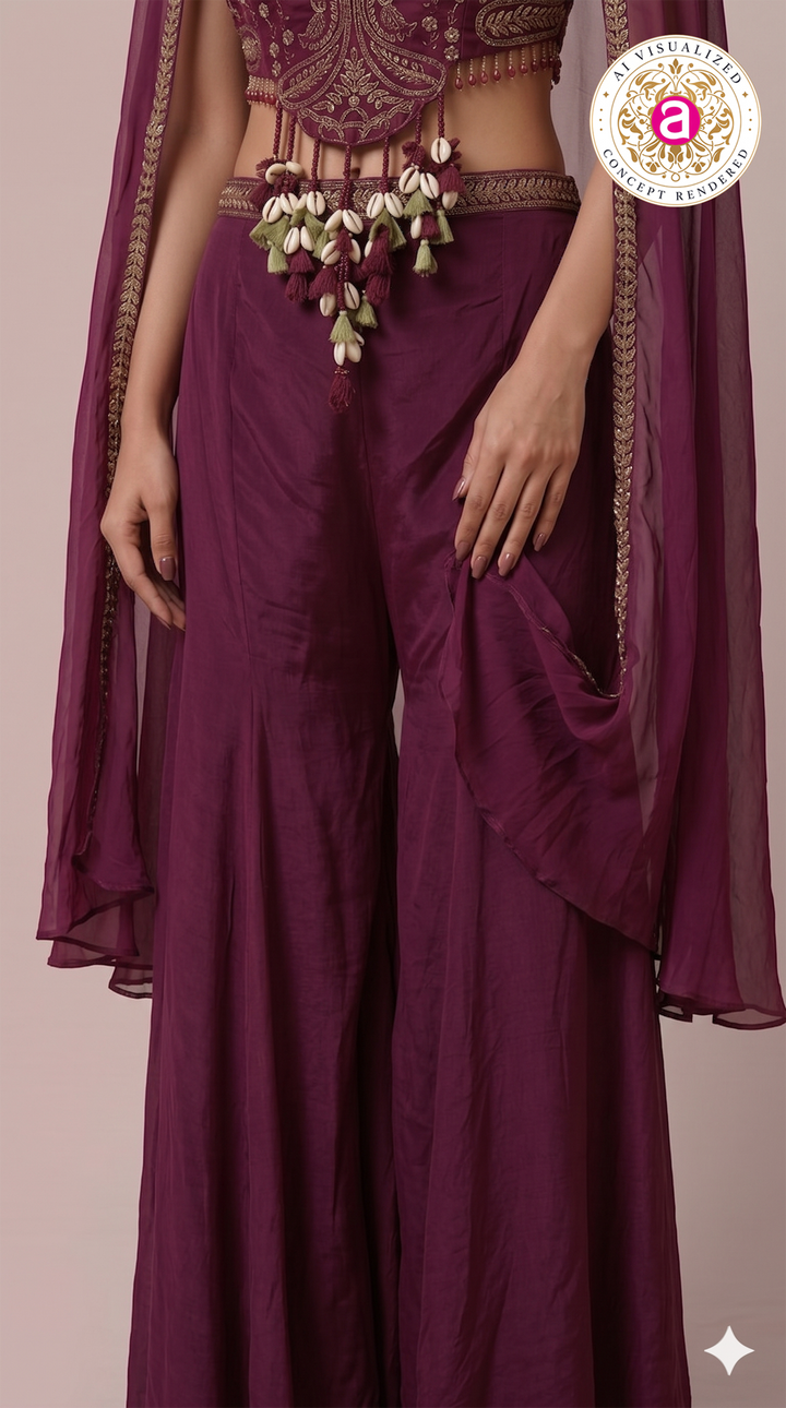 Wine Purple Embroidered Cape Co-Ord Set