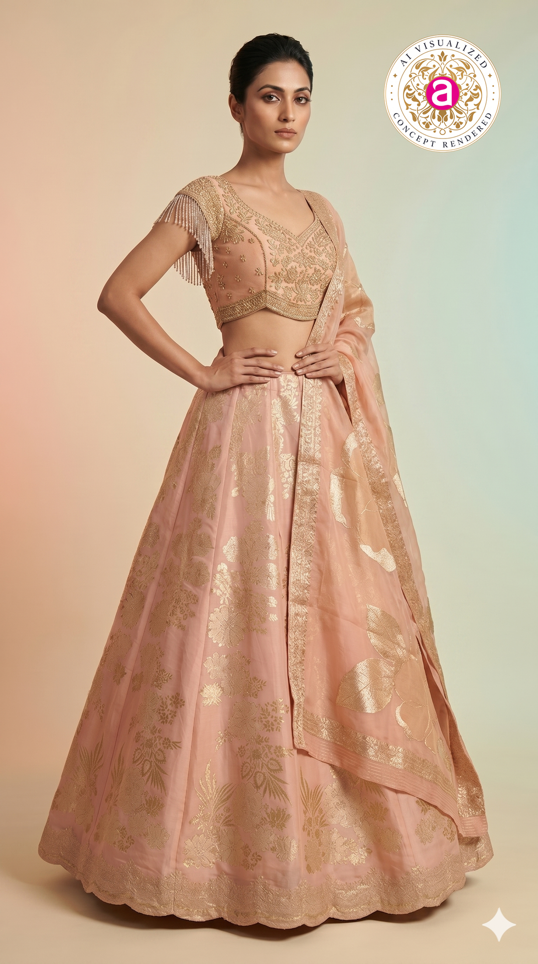 Blush Pink Silk Lehenga Choli with Gold Floral Weaving & Sheer Dupatta