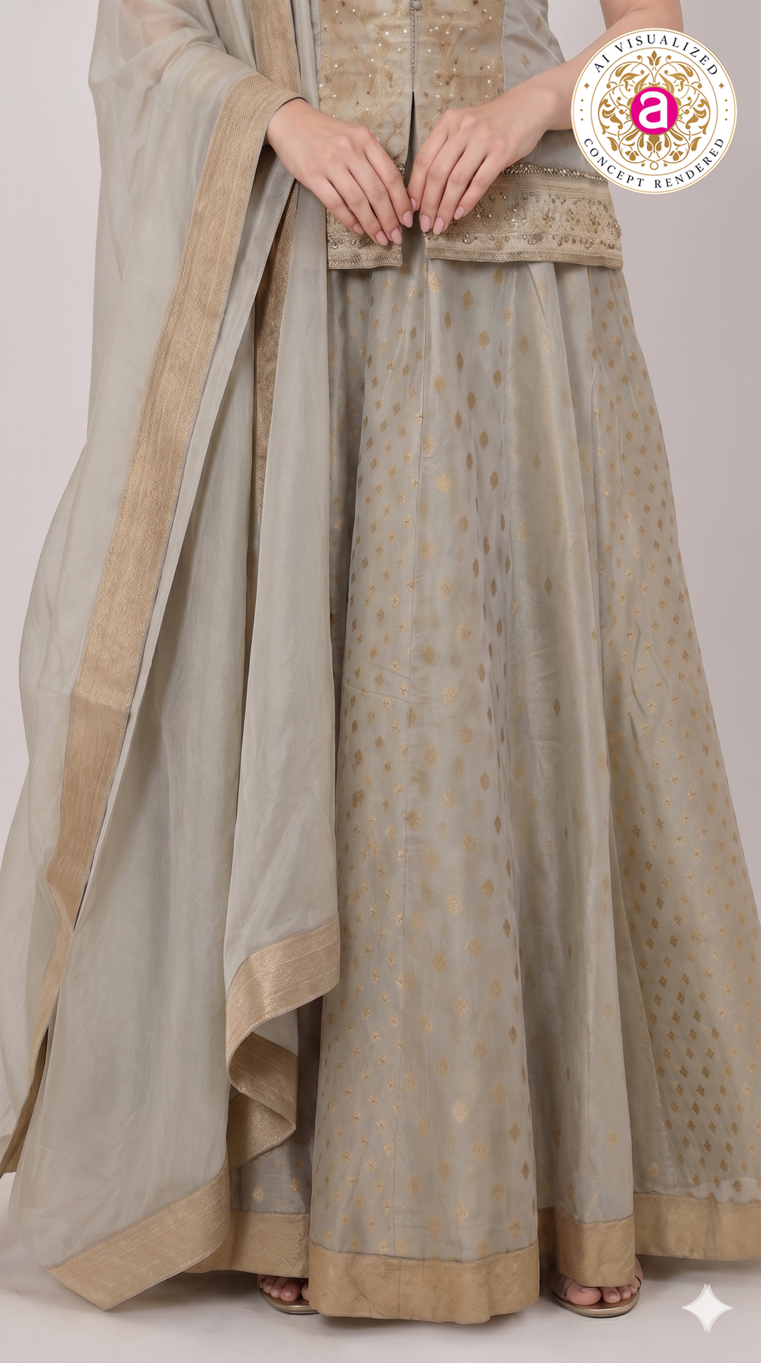 Silver Grey Jacquard Lehenga Set with Embroidered Jacket & Dupatta