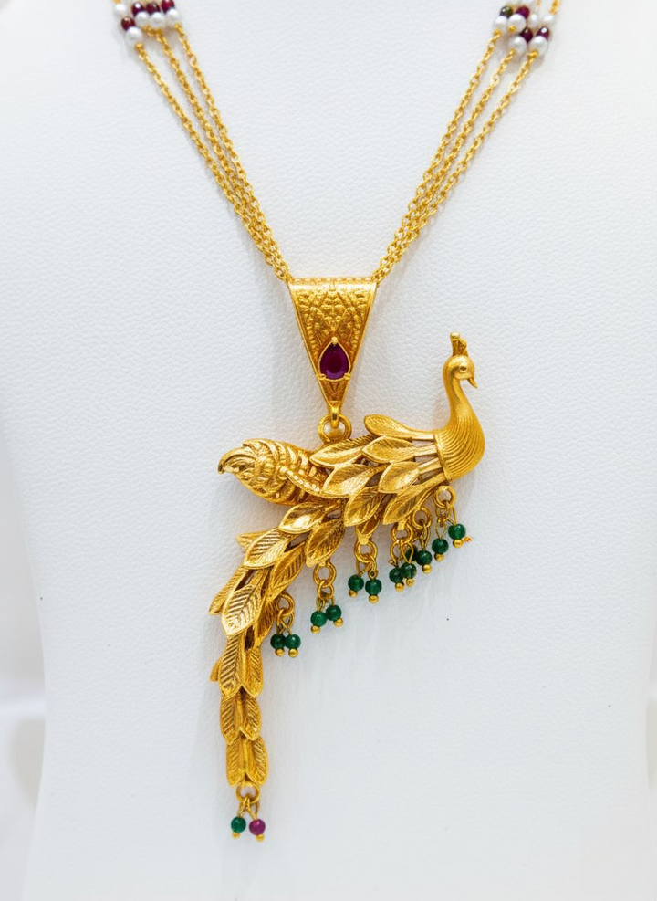 Elegant Gold Peacock Necklace Set with Ruby & Emerald Beads