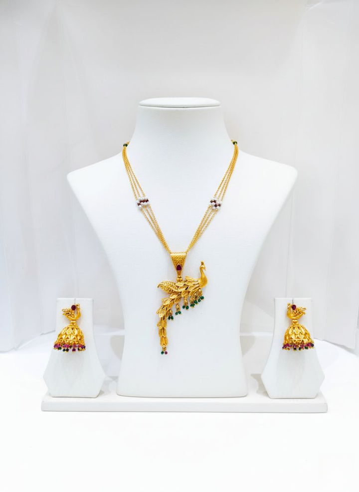 Elegant Gold Peacock Necklace Set with Ruby & Emerald Beads