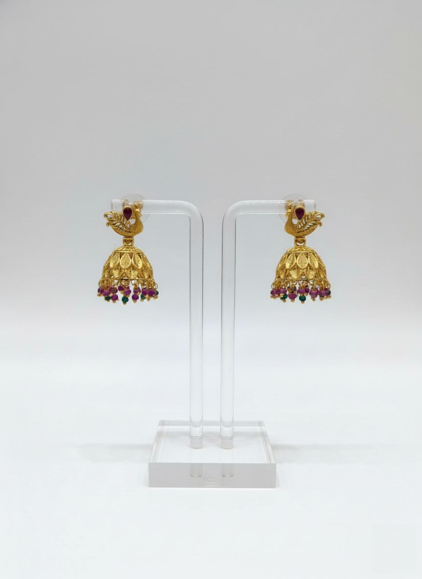 Elegant Gold Peacock Necklace Set with Ruby & Emerald Beads