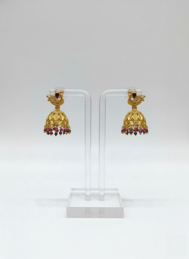 Elegant Gold Peacock Necklace Set with Ruby & Emerald Beads