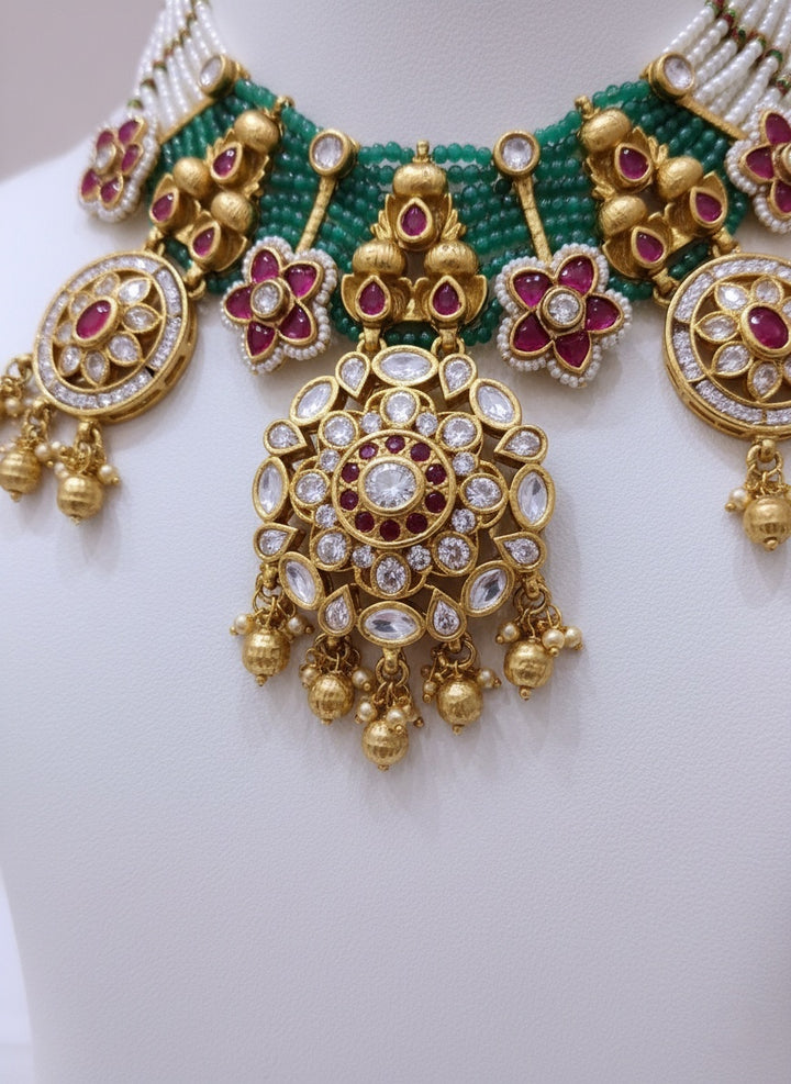 Grand Kundan & Pearl Temple Necklace Set with Green Beads and Ruby Accents