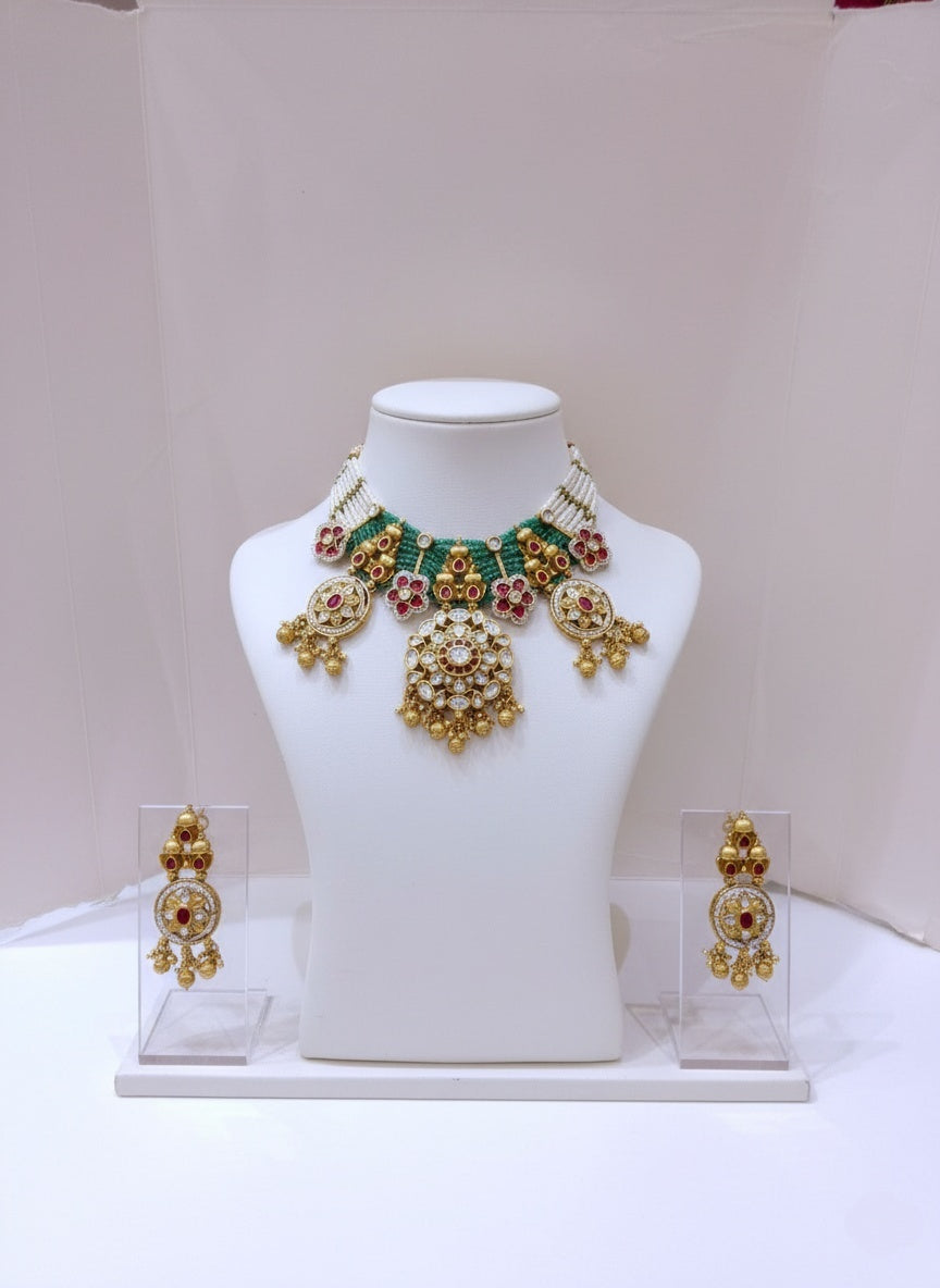 Grand Kundan & Pearl Temple Necklace Set with Green Beads and Ruby Accents