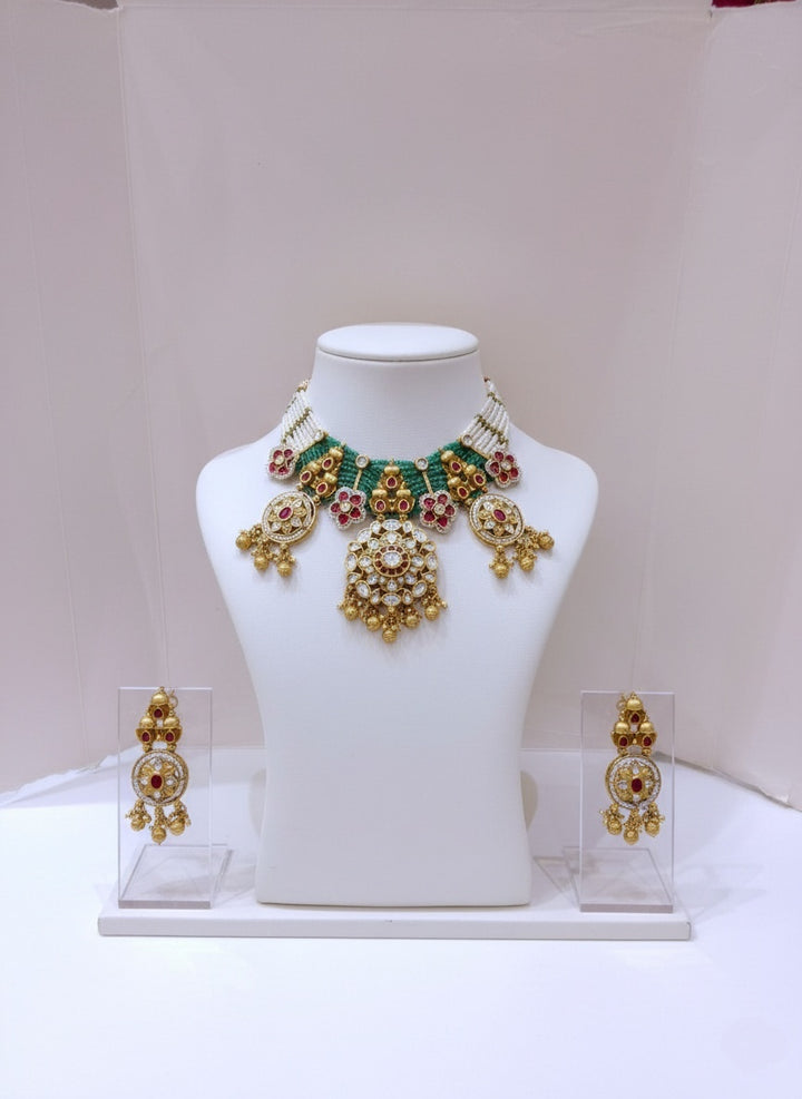 Grand Kundan & Pearl Temple Necklace Set with Green Beads and Ruby Accents