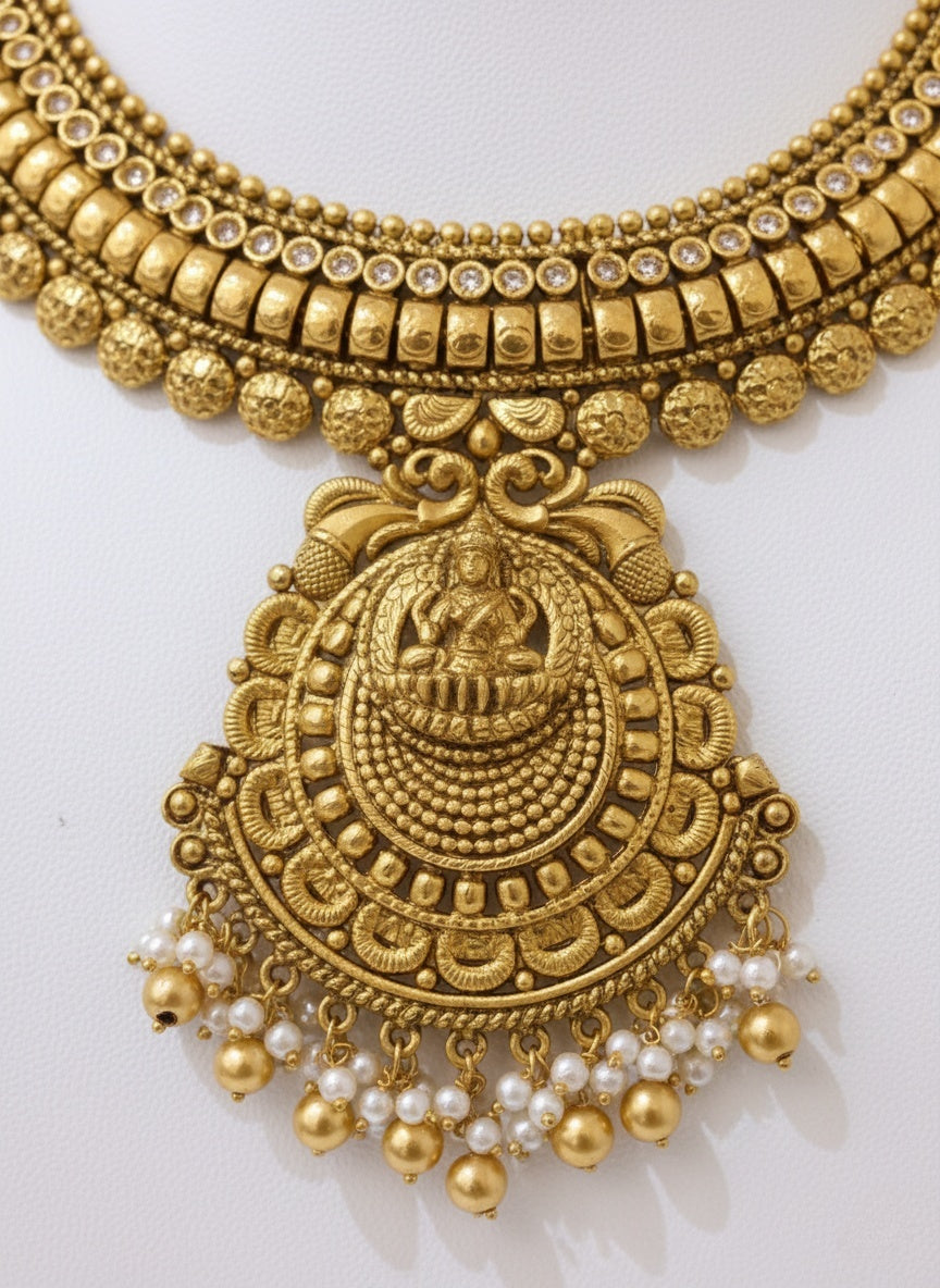 Antique Gold Lakshmi Temple Necklace Set with Pearl Drops