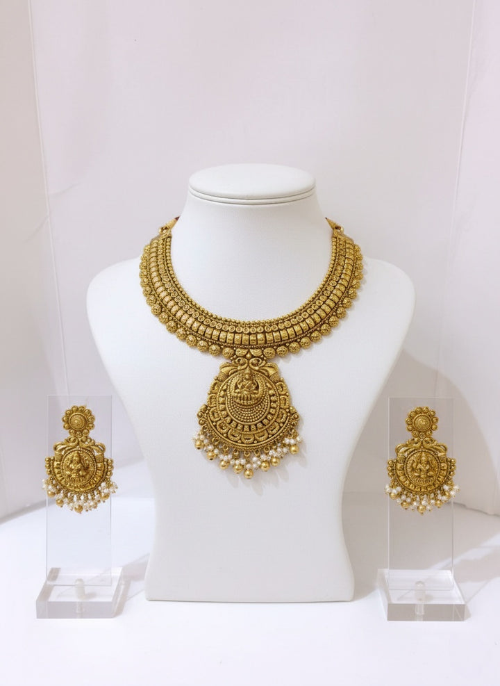 Antique Gold Lakshmi Temple Necklace Set with Pearl Drops