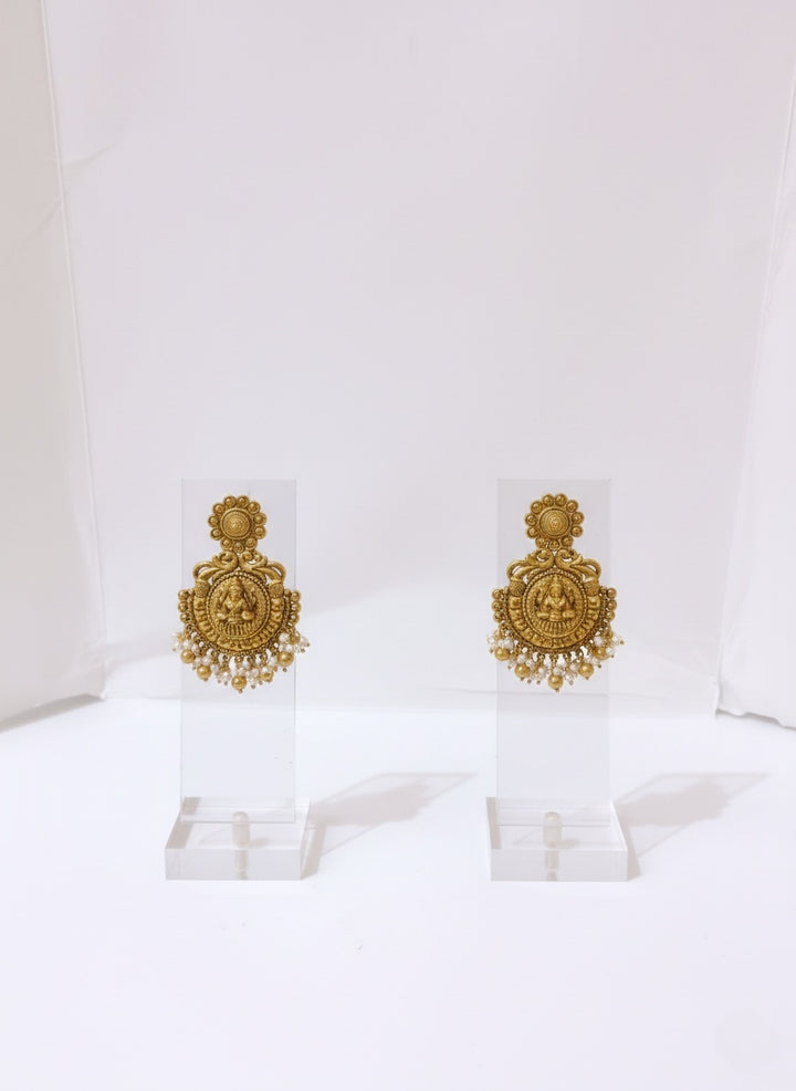Antique Gold Lakshmi Temple Necklace Set with Pearl Drops
