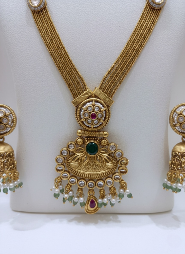 Traditional Gold Temple Necklace with Jhumka Earrings