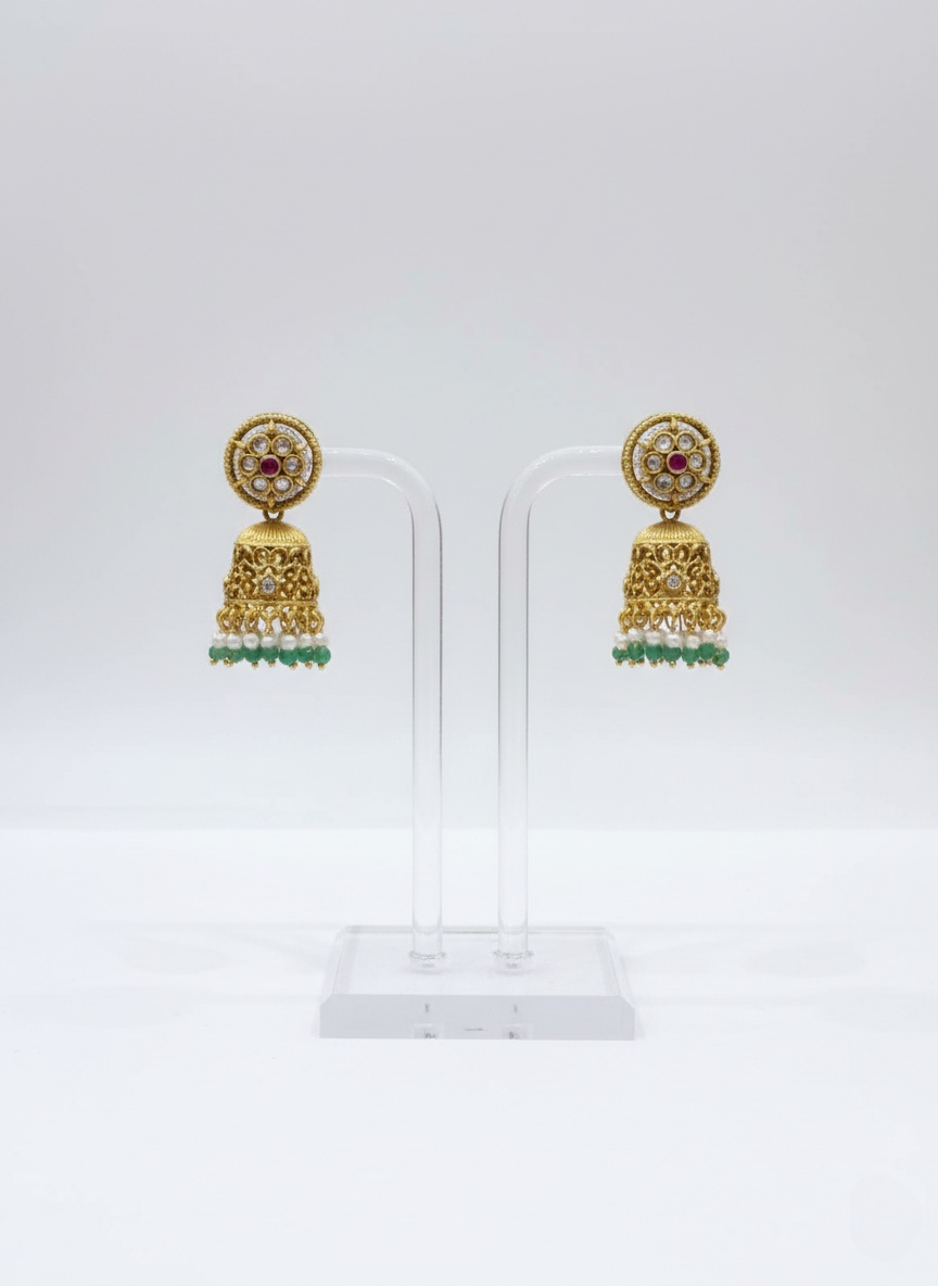 Traditional Gold Temple Necklace with Jhumka Earrings