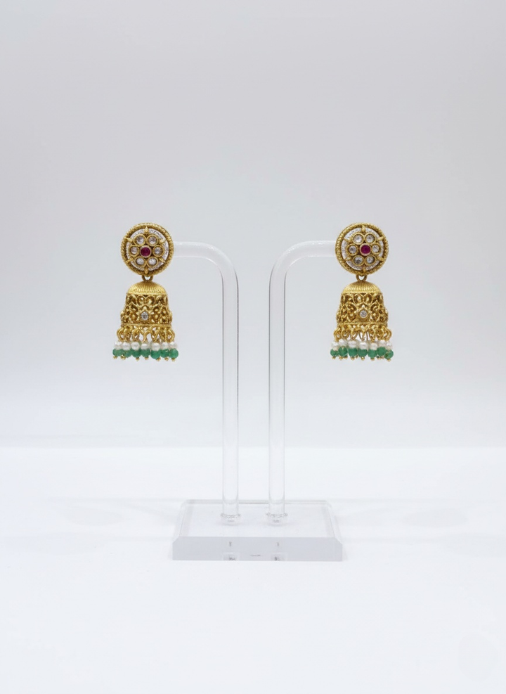 Traditional Gold Temple Necklace with Jhumka Earrings