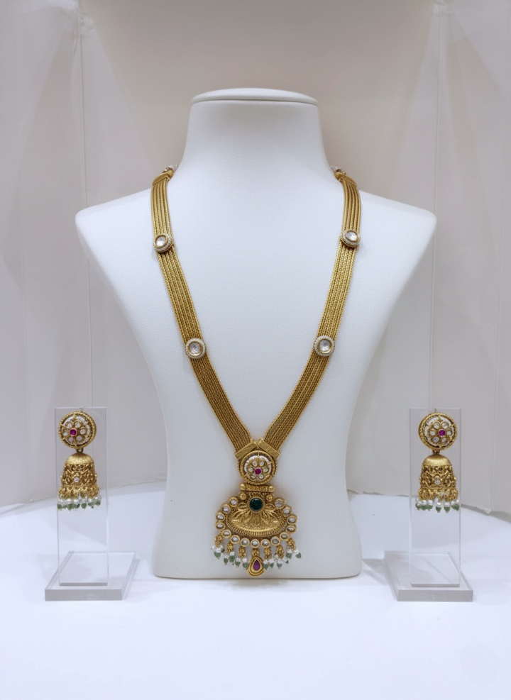 Traditional Gold Temple Necklace with Jhumka Earrings