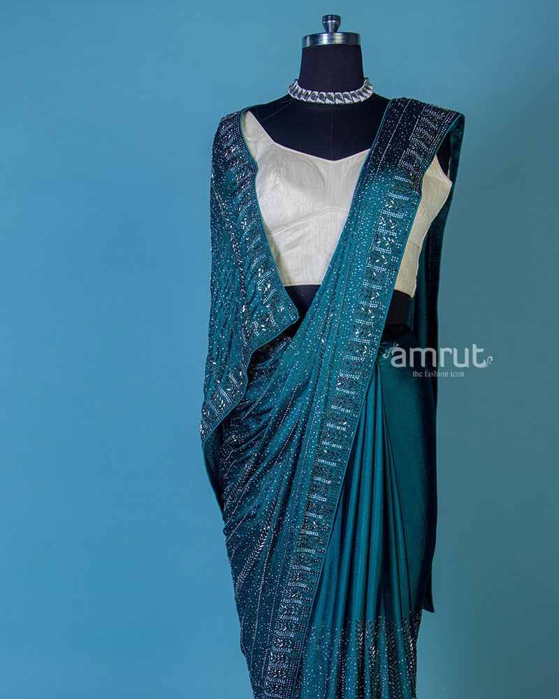 Georgette Embroidery Saree in Teal Blue Color and Unstitched Blouse