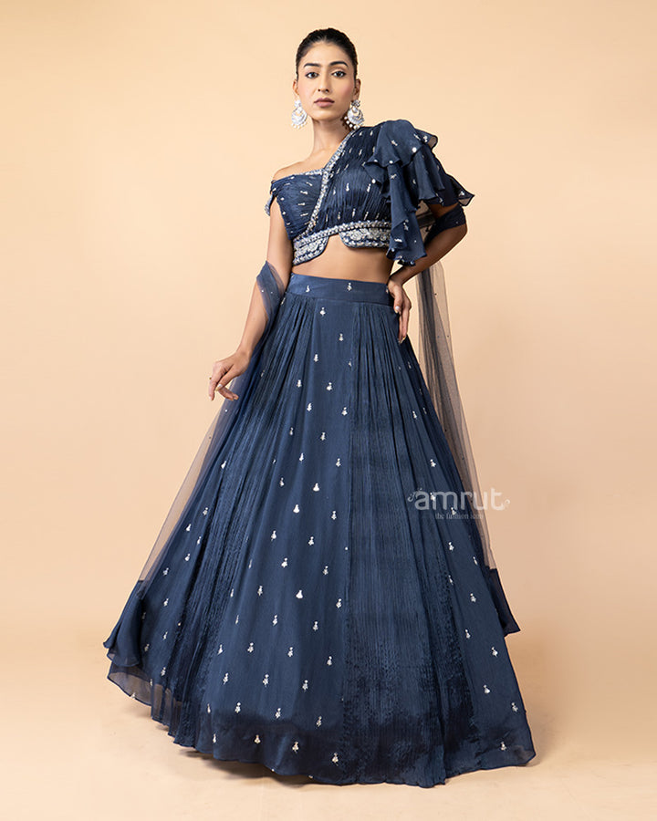 Glaucous Chiffon Lehenga with One Side Off-Shoulder Choli and Net Dupatta