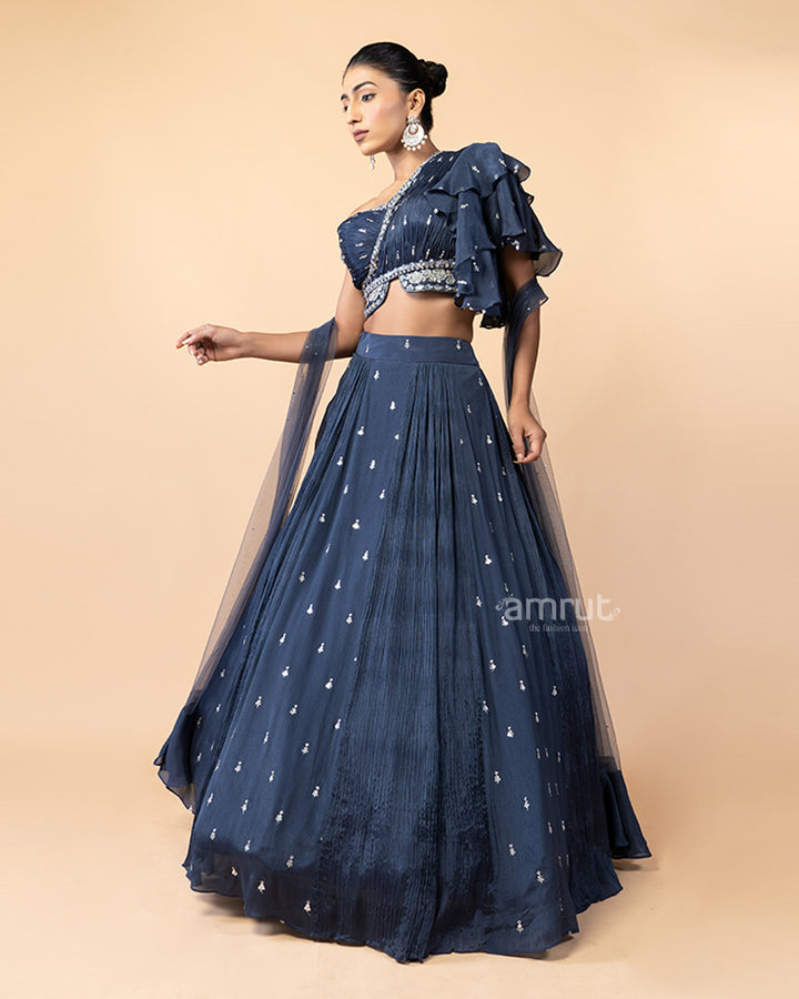 Glaucous Chiffon Lehenga with One Side Off-Shoulder Choli and Net Dupatta