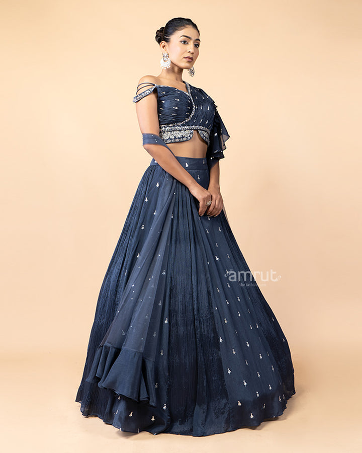 Glaucous Chiffon Lehenga with One Side Off-Shoulder Choli and Net Dupatta