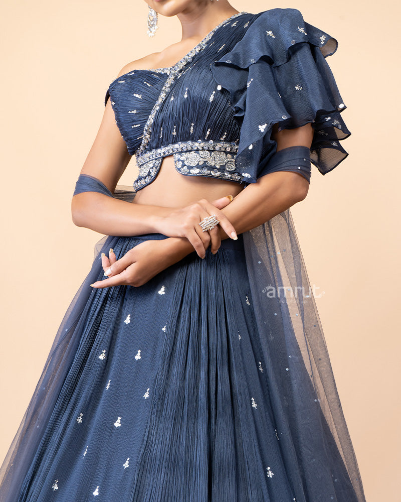 Glaucous Chiffon Lehenga with One Side Off-Shoulder Choli and Net Dupatta