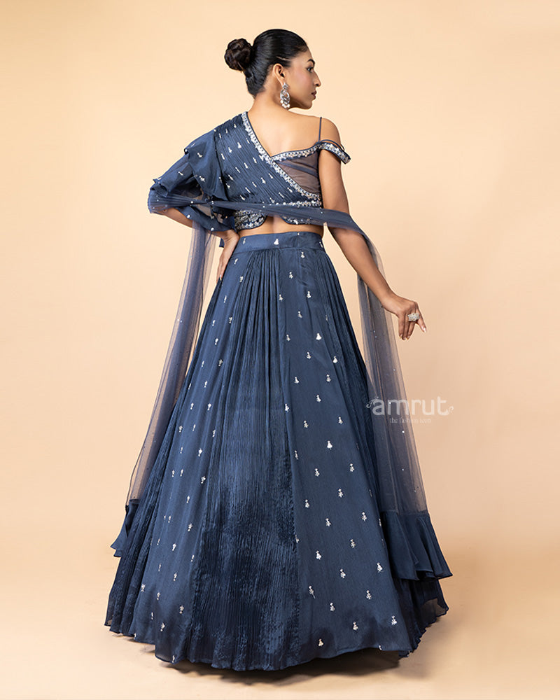 Glaucous Chiffon Lehenga with One Side Off-Shoulder Choli and Net Dupatta