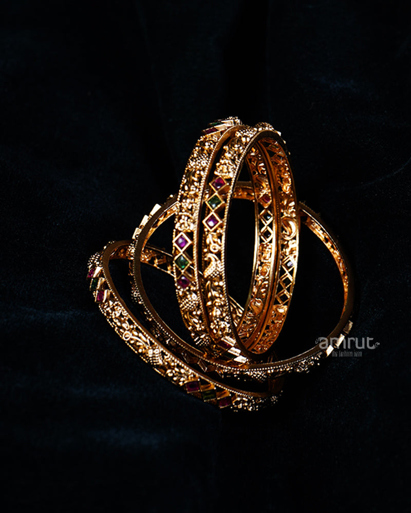 Gold-Toned Bangles with Red and Green Gemstone Accents 02