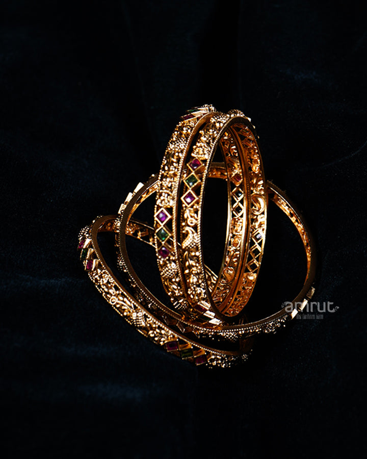 Gold-Toned Bangles with Red and Green Gemstone Accents 02