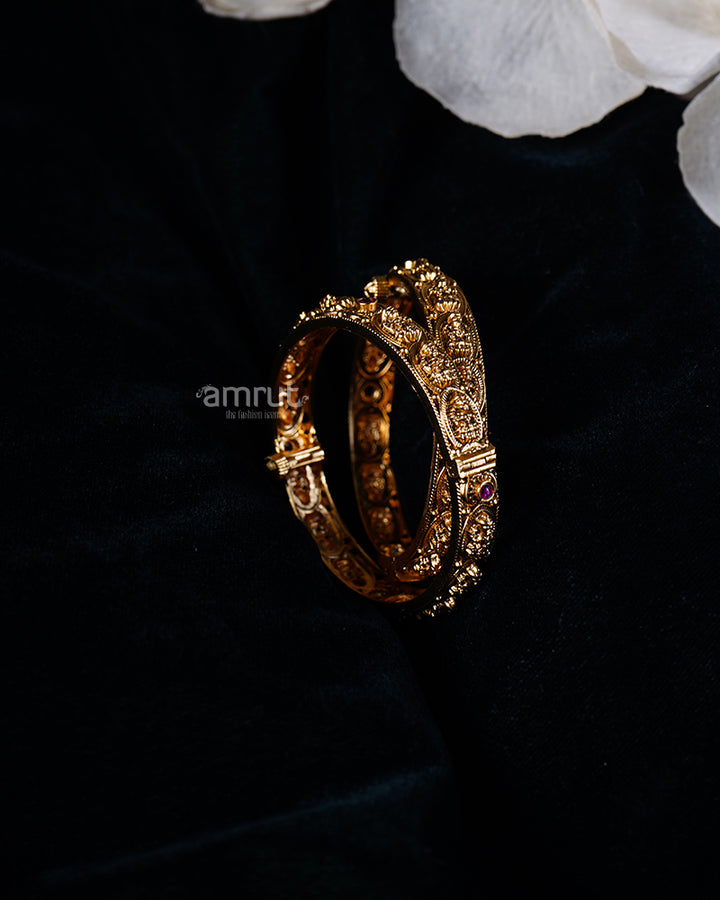 Gold-Toned Filigree Bangle Set with Ruby Gemstones 01