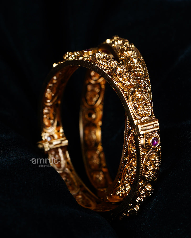 Gold-Toned Filigree Bangle Set with Ruby Gemstones 02