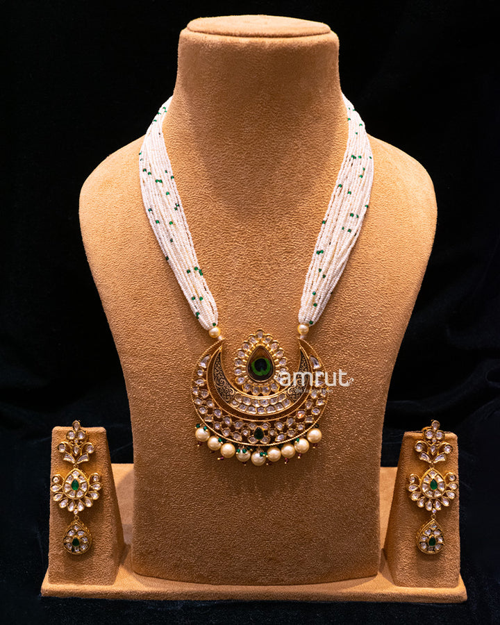 Gold Plated Kundan & Pearl Long Necklace SetGold Plated Kundan & Pearl Long Necklace Set