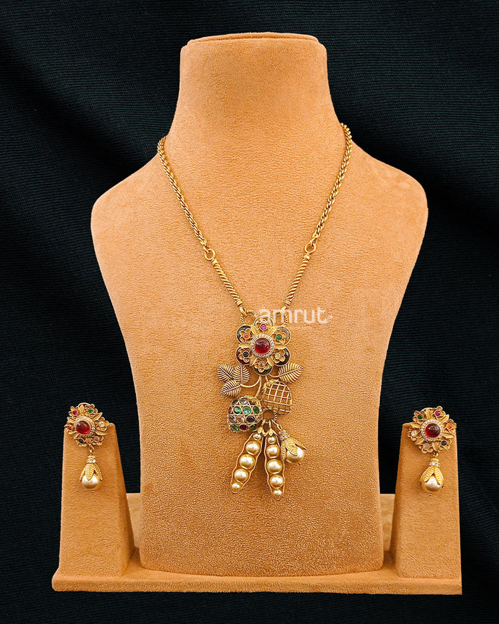 Gold Plated Ruby Stone Pendant With Chain and Earring