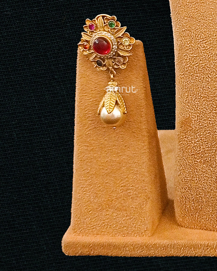 Gold Plated Ruby Stone Pendant With Chain and Earring