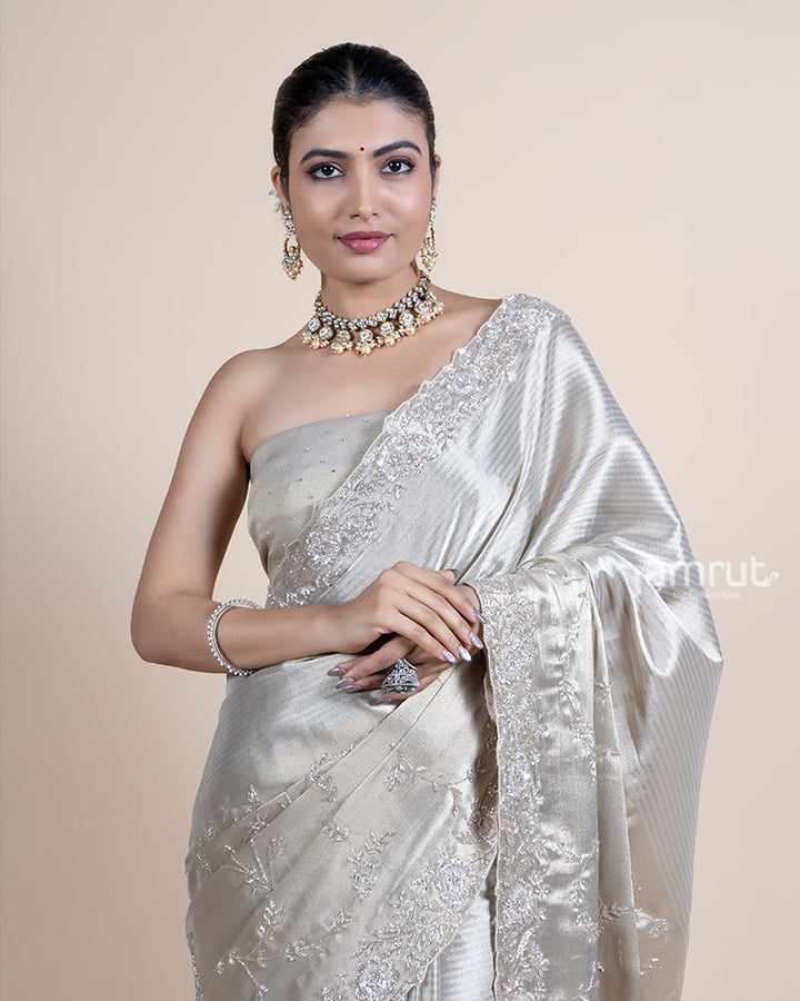 Gold Tissue Saree with Pure Handwork and Unstitched Blouse 02
