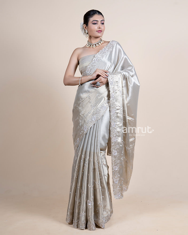 Gold Tissue Saree with Pure Handwork and Unstitched Blouse 04