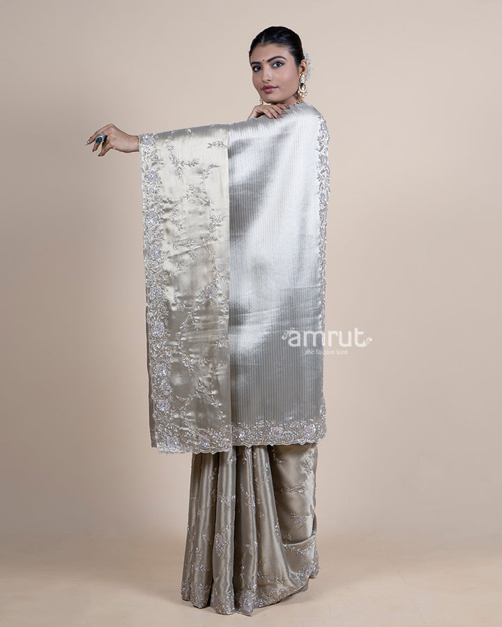 Gold Tissue Saree with Pure Handwork and Unstitched Blouse 05