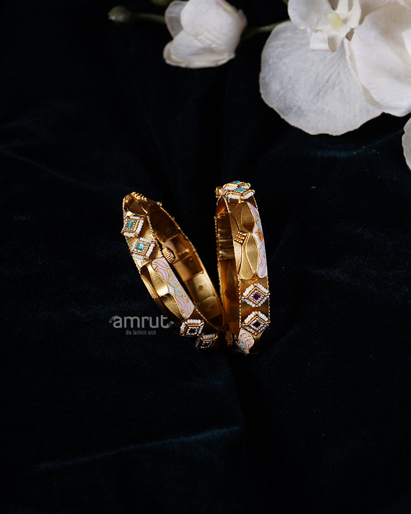Gold Toned Bangle Set with Gemstones and Enamel Inlay 01